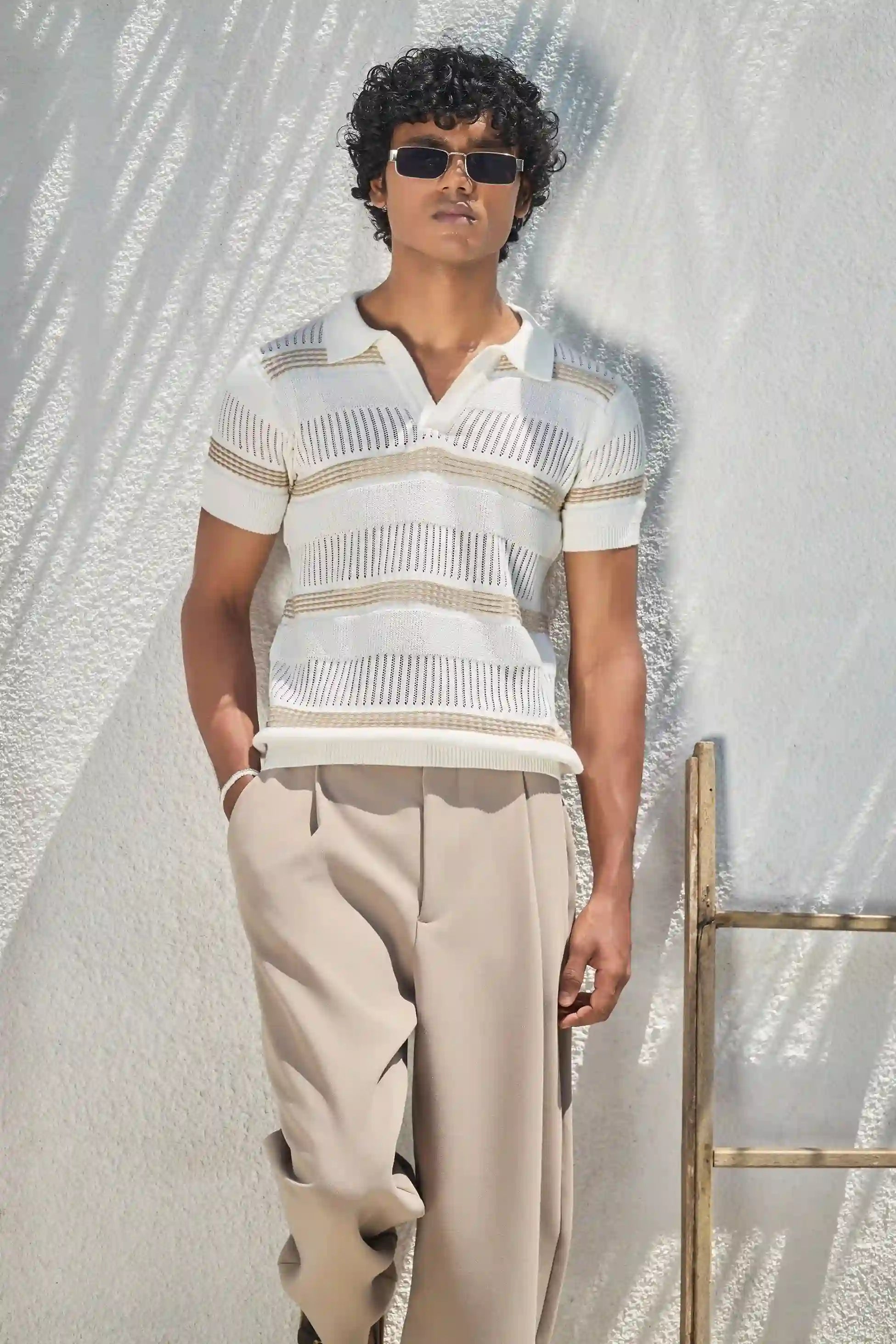 Textured Knit Polo T-Shirt - Off White