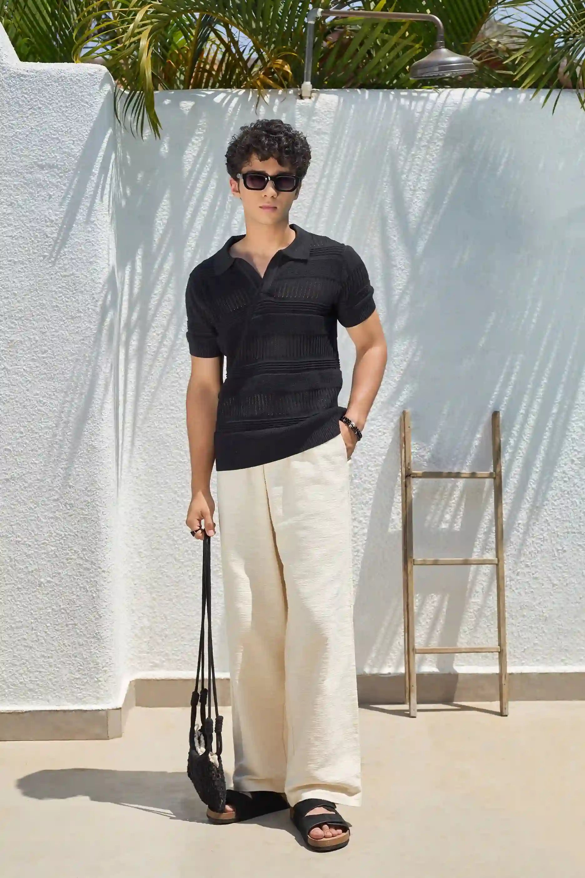 Textured Knit Polo T-Shirt - Black