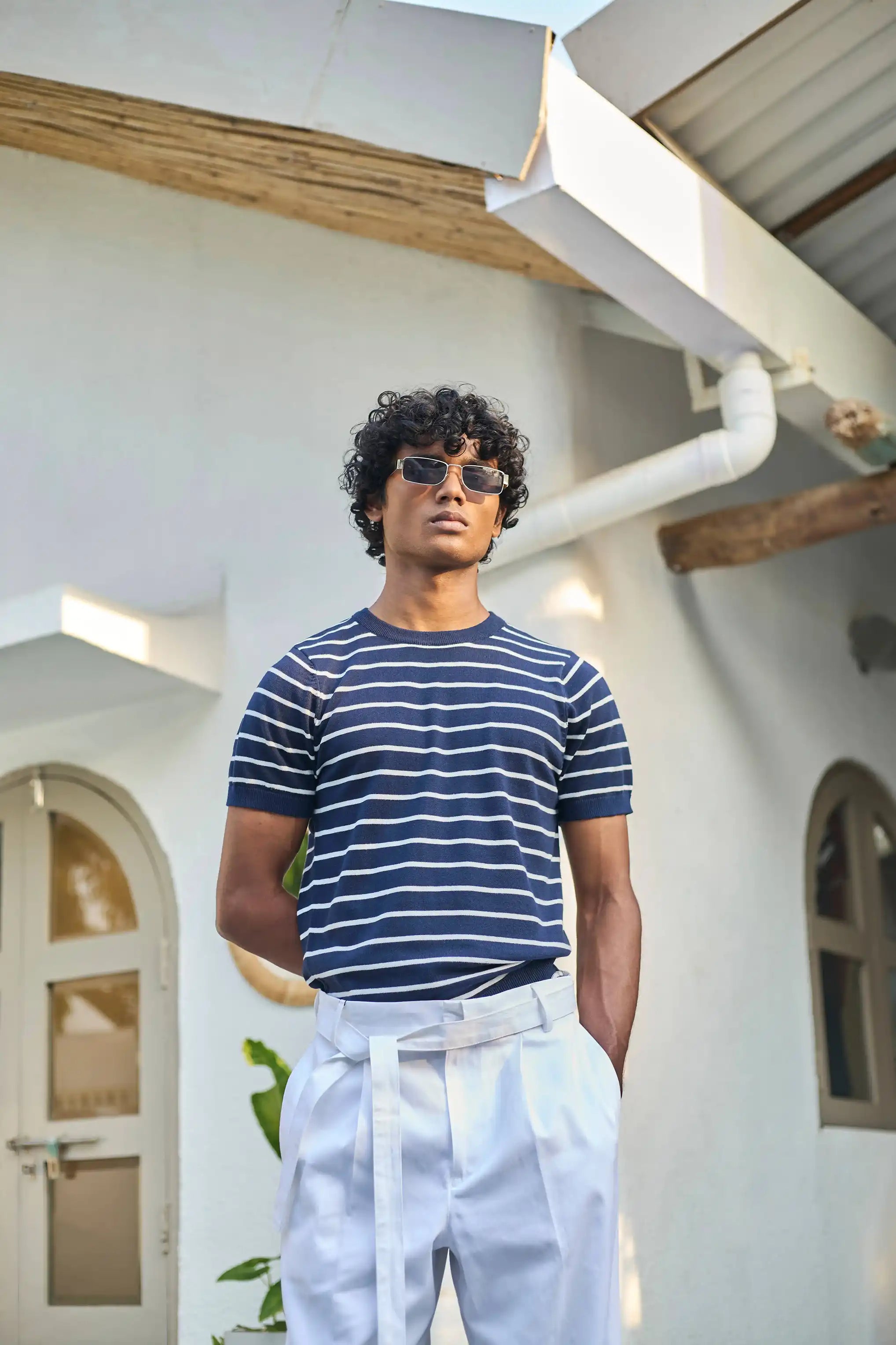 Fine Striped Round Neck Knit T-Shirt - Navy Blue