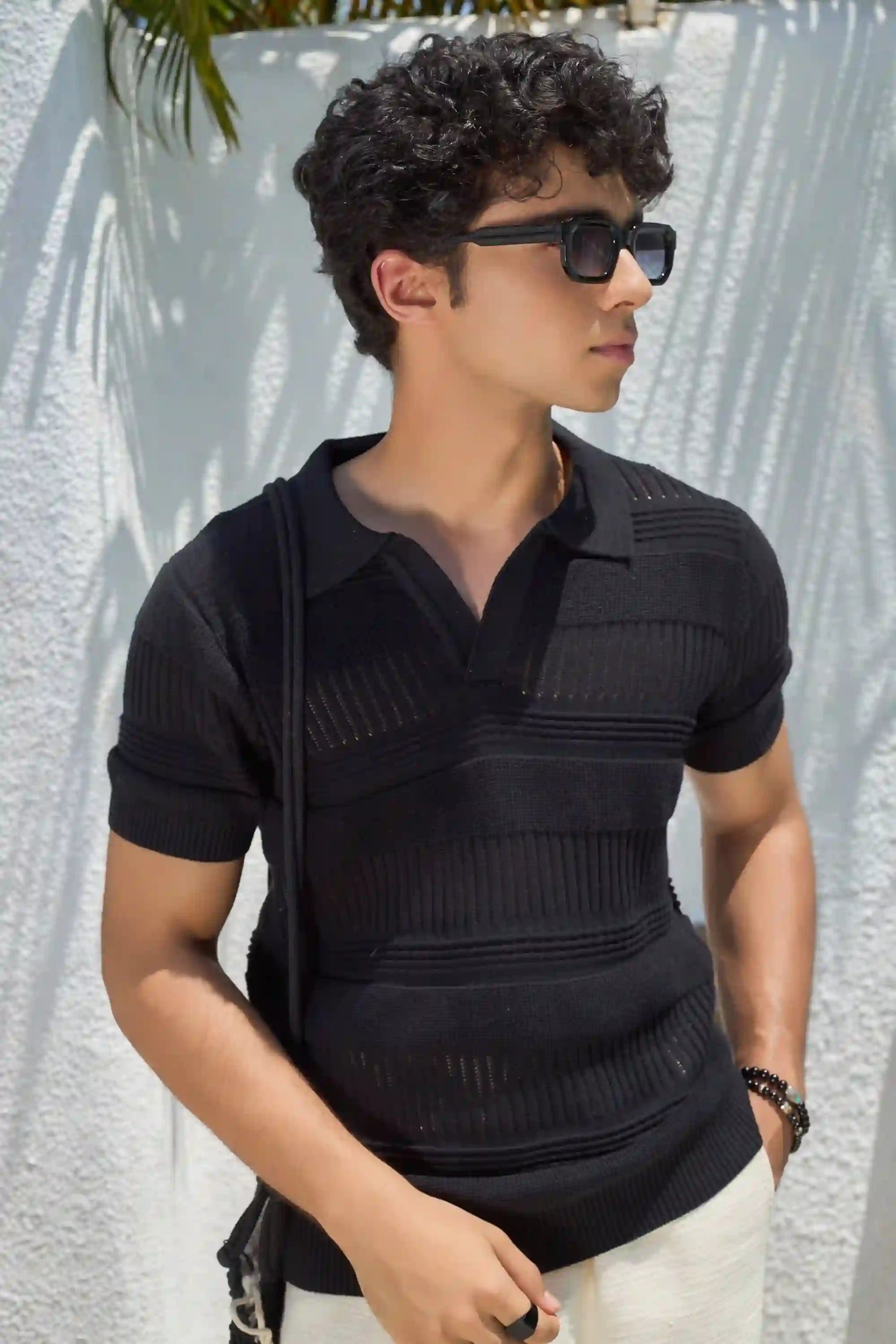 Textured Knit Polo T-Shirt - Black