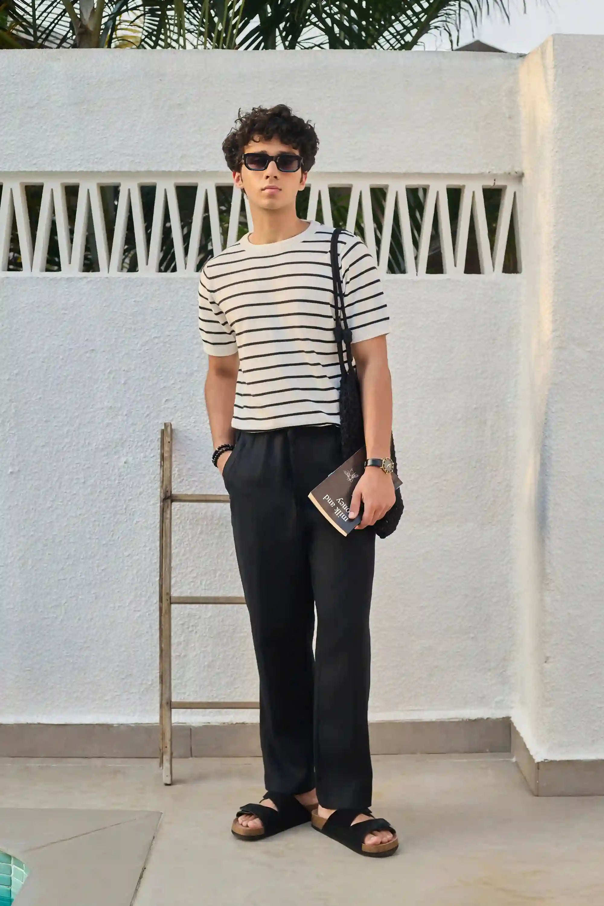 Fine Striped Round Neck Knit T-Shirt - White