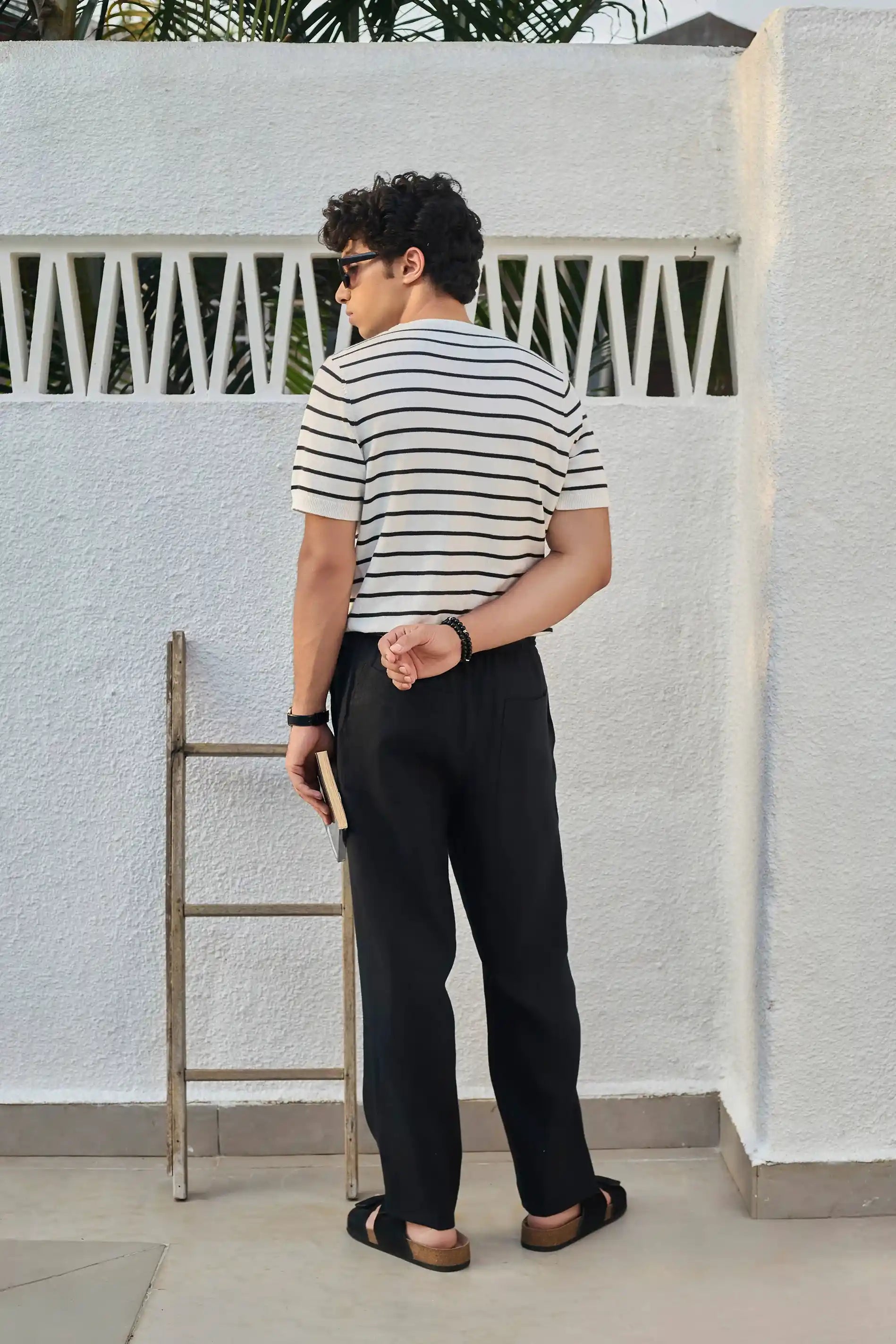 Fine Striped Round Neck Knit T-Shirt - White