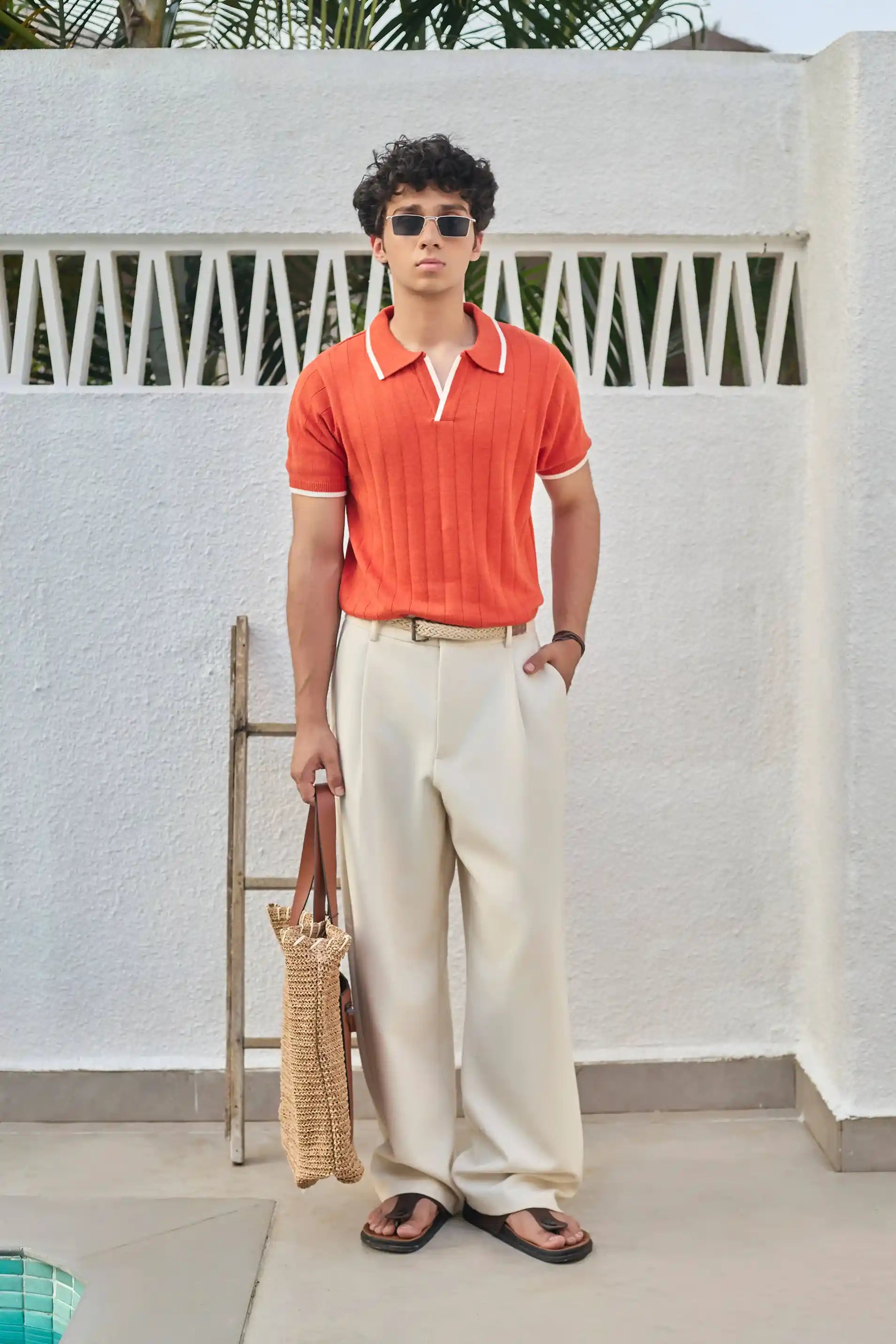 Vertical Rib Knit Polo T-Shirt - Rust Orange