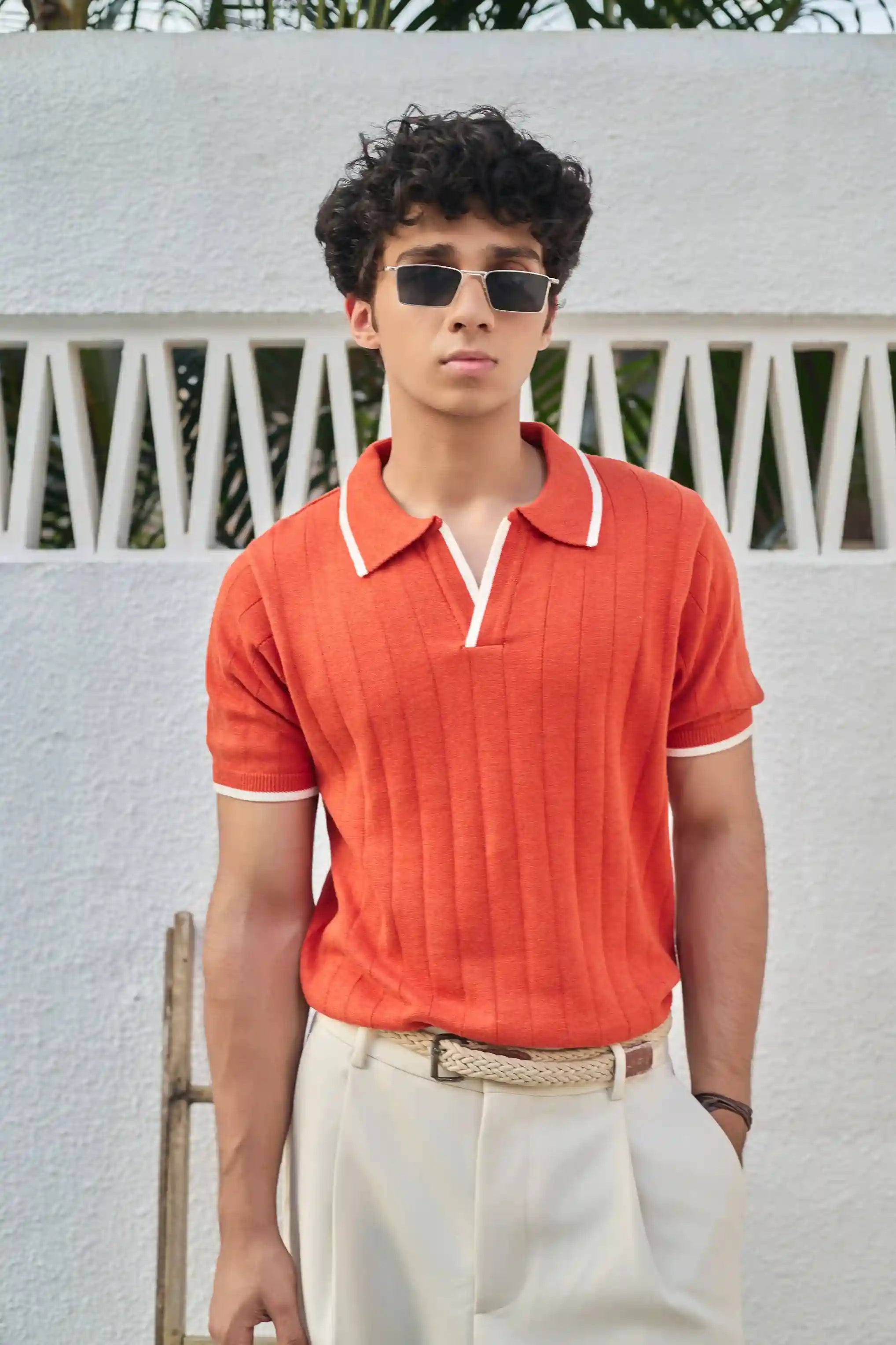 Vertical Rib Knit Polo T-Shirt - Rust Orange