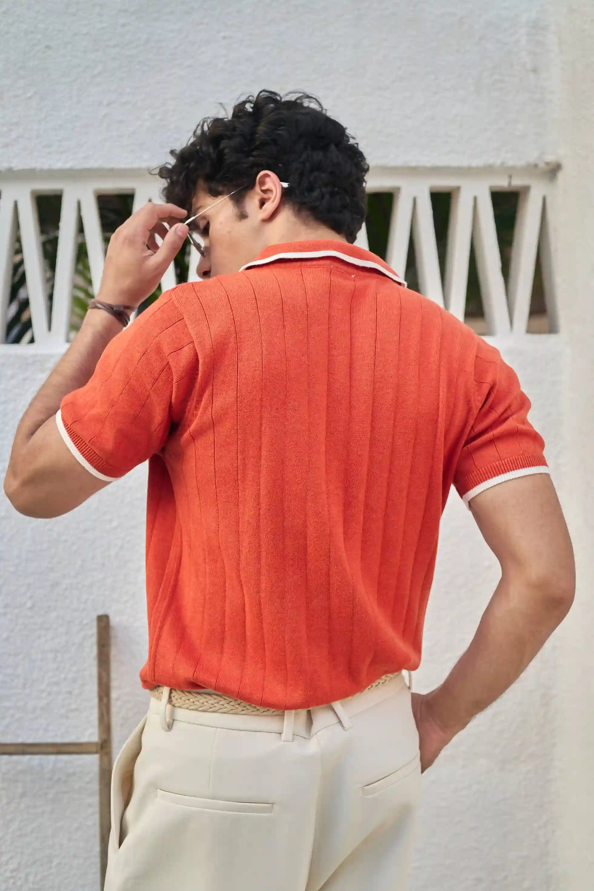 Vertical Rib Knit Polo T-Shirt - Rust Orange