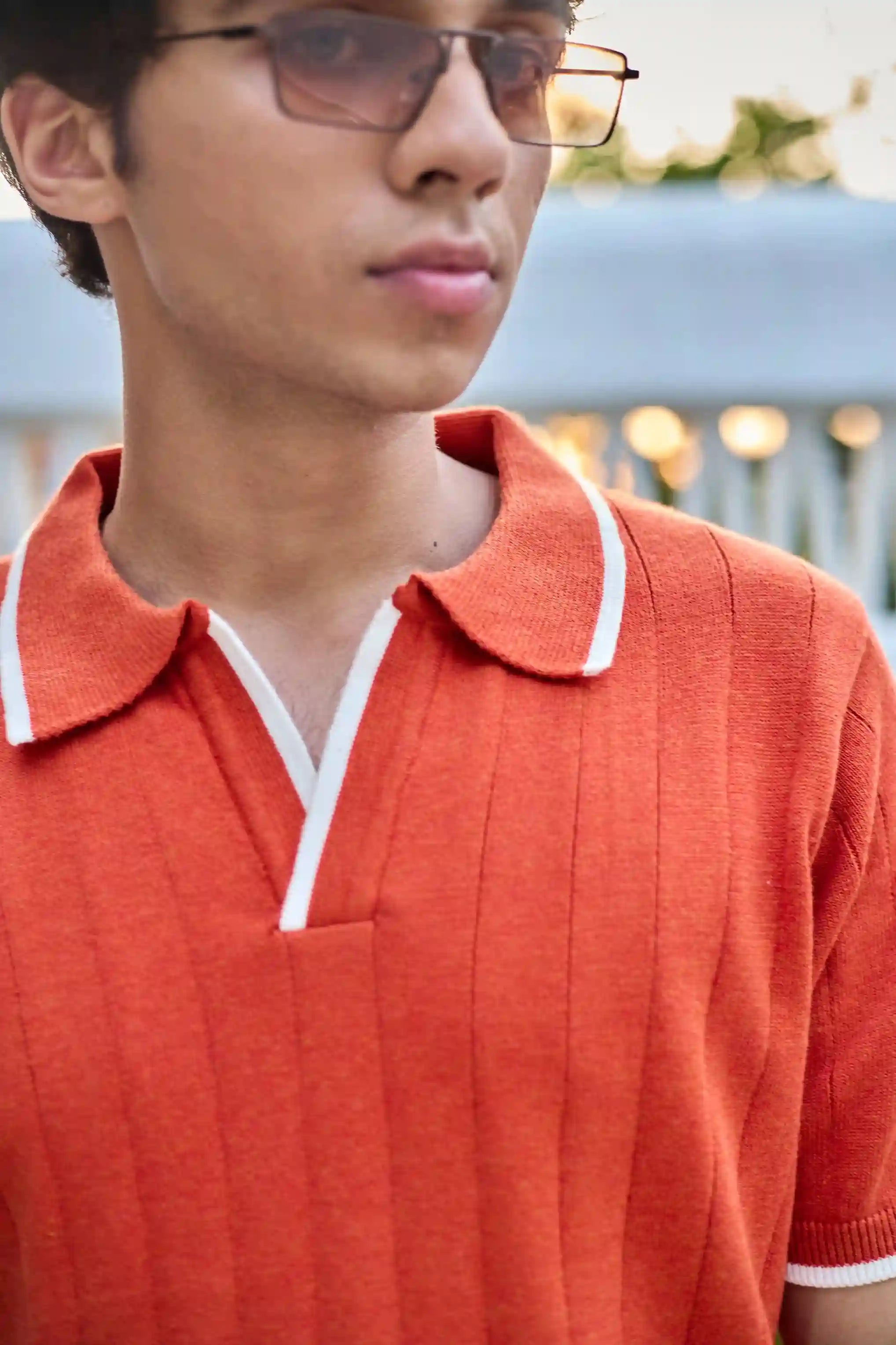 Vertical Rib Knit Polo T-Shirt - Rust Orange