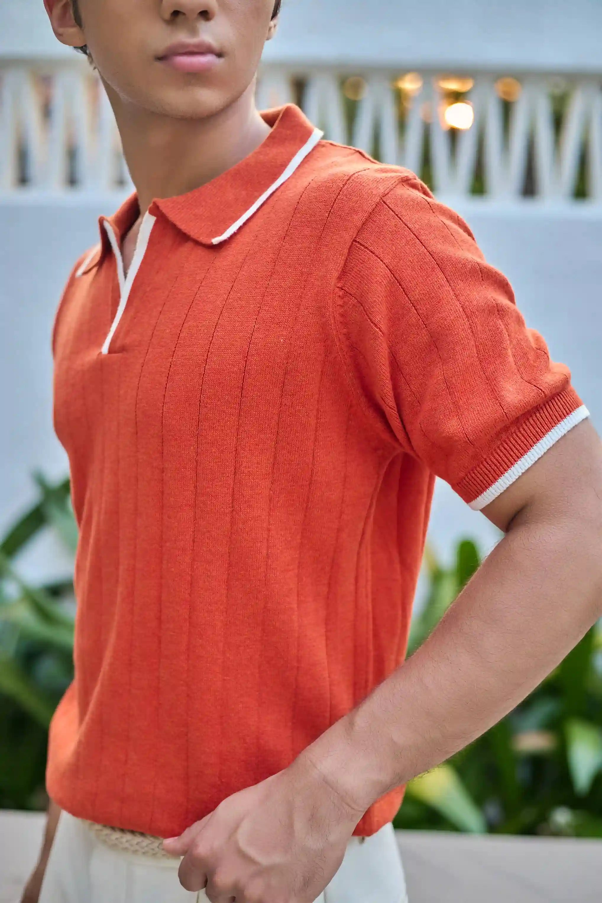 Vertical Rib Knit Polo T-Shirt - Rust Orange
