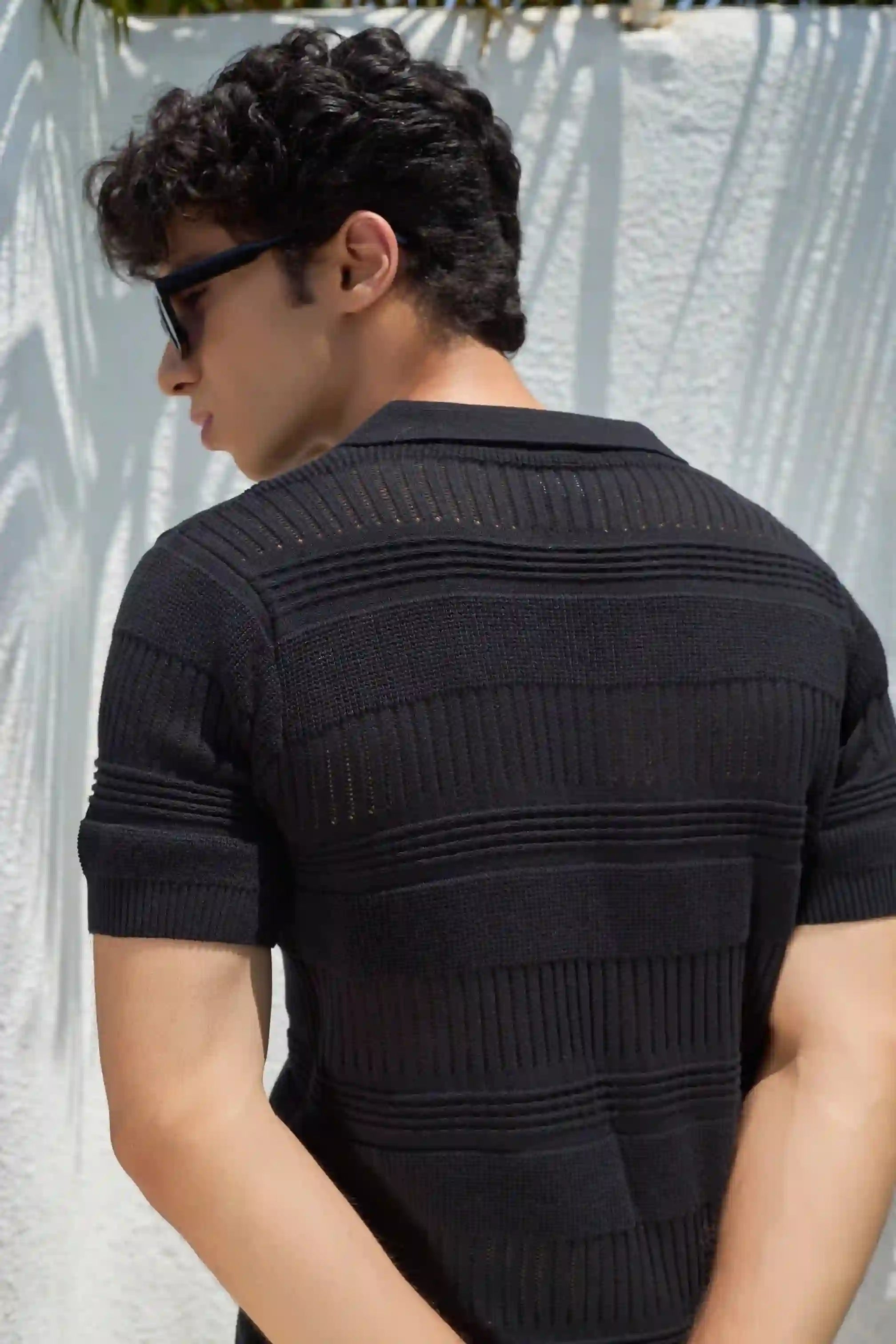 Textured Knit Polo T-Shirt - Black