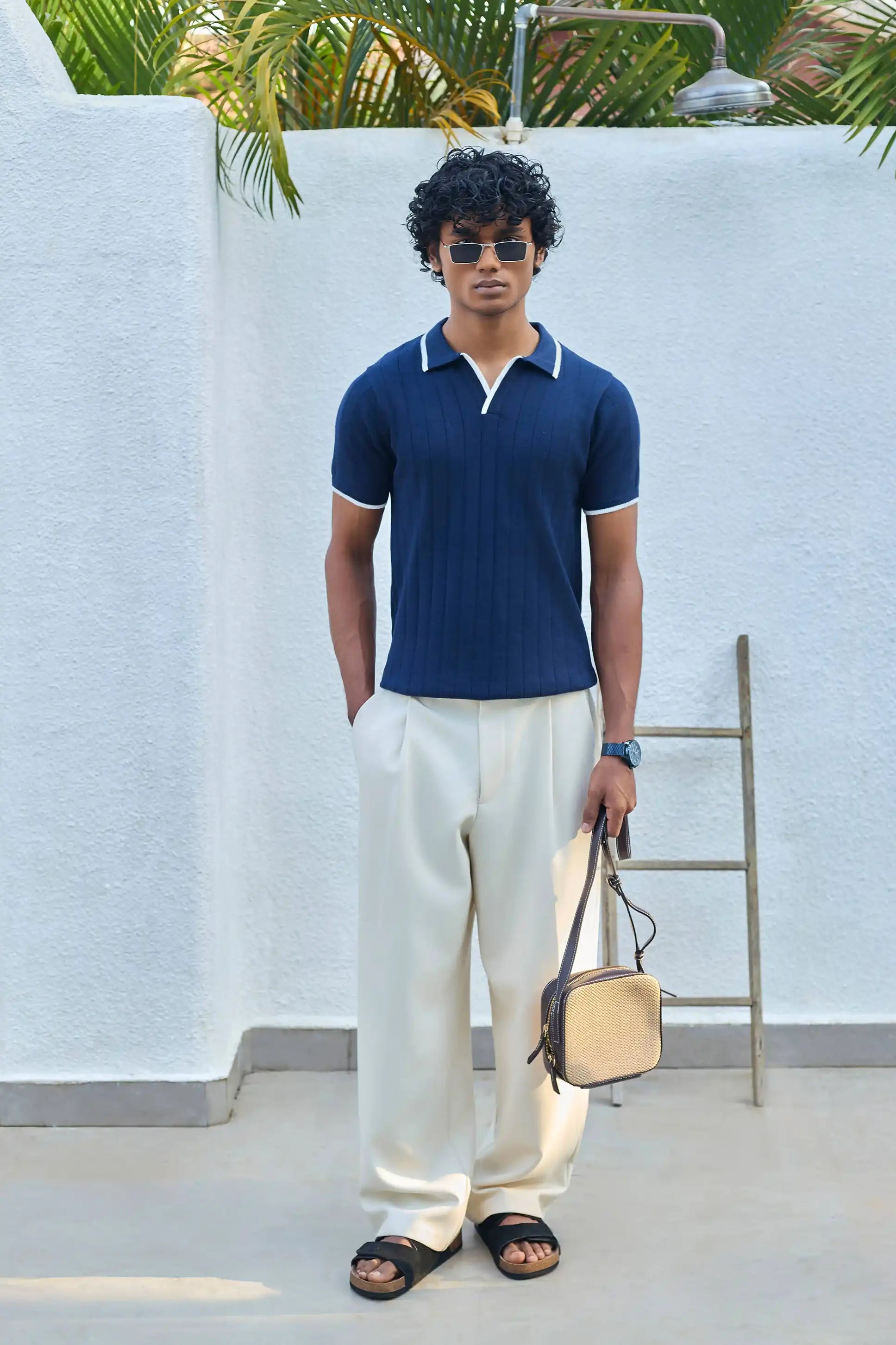 Vertical Rib Knit Polo T-Shirt - Navy Blue