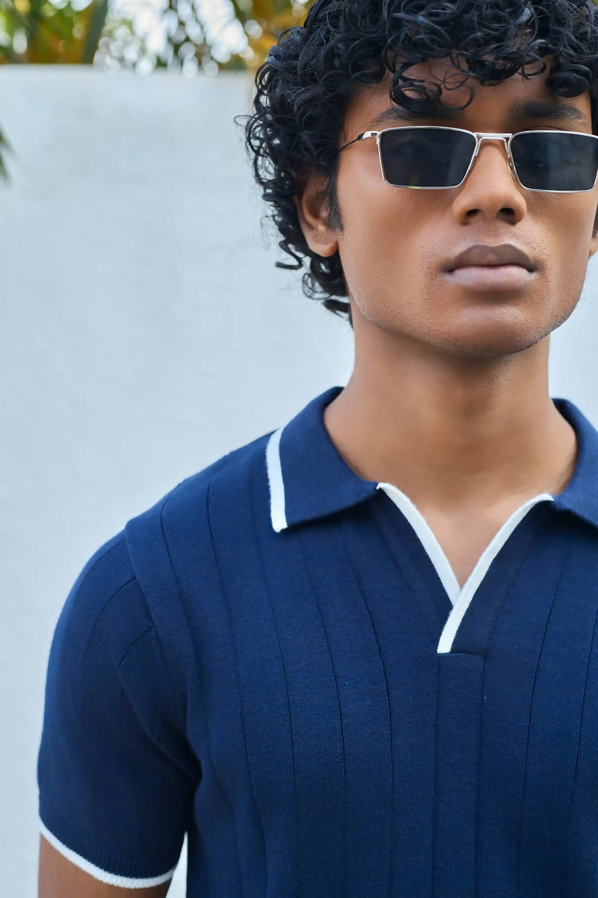 Vertical Rib Knit Polo T-Shirt - Navy Blue
