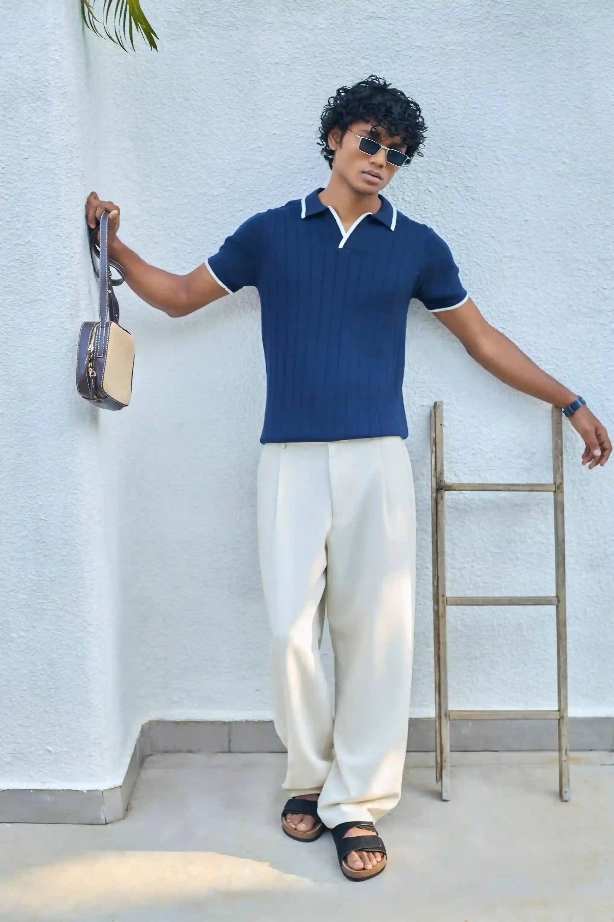 Vertical Rib Knit Polo T-Shirt - Navy Blue