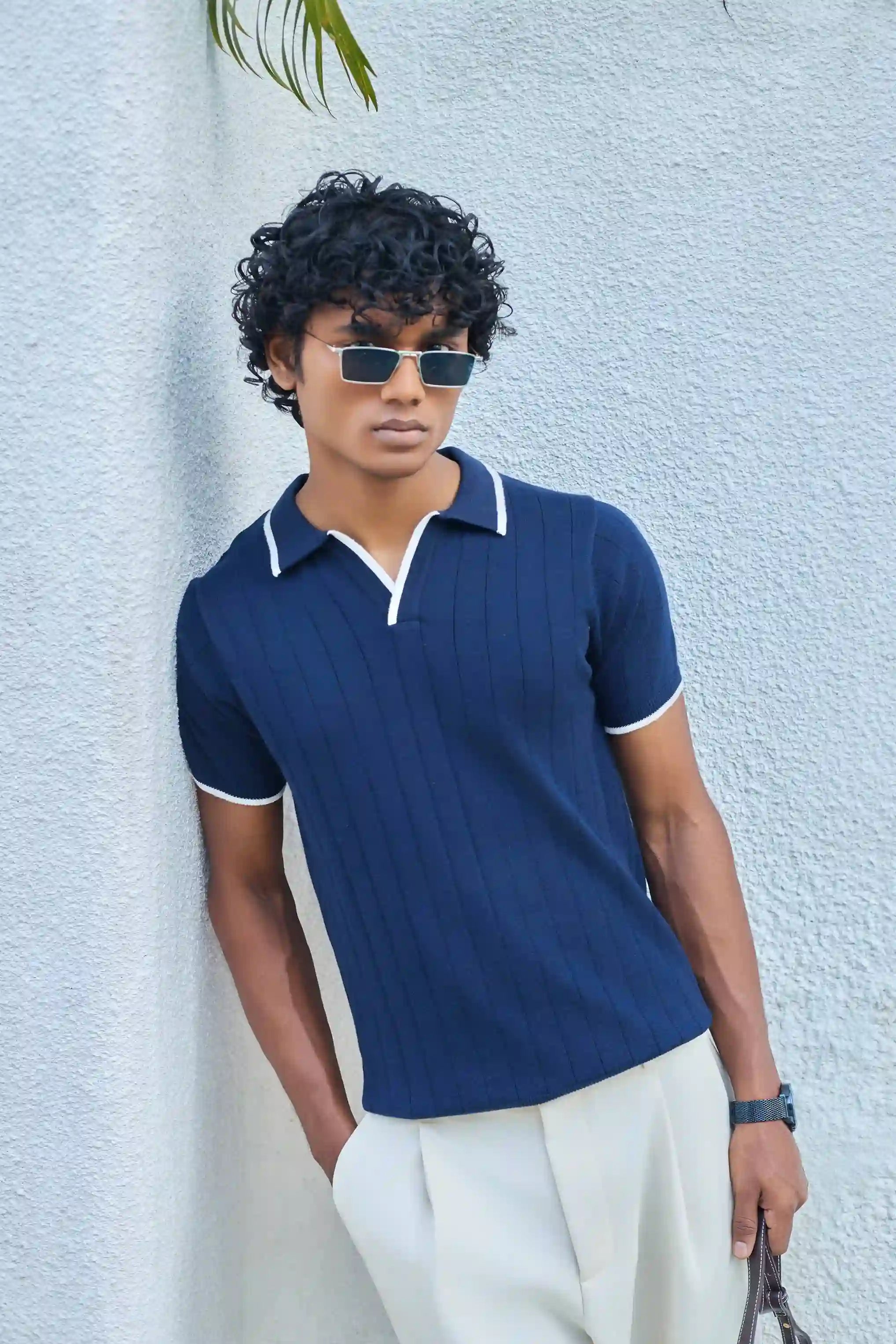 Vertical Rib Knit Polo T-Shirt - Navy Blue