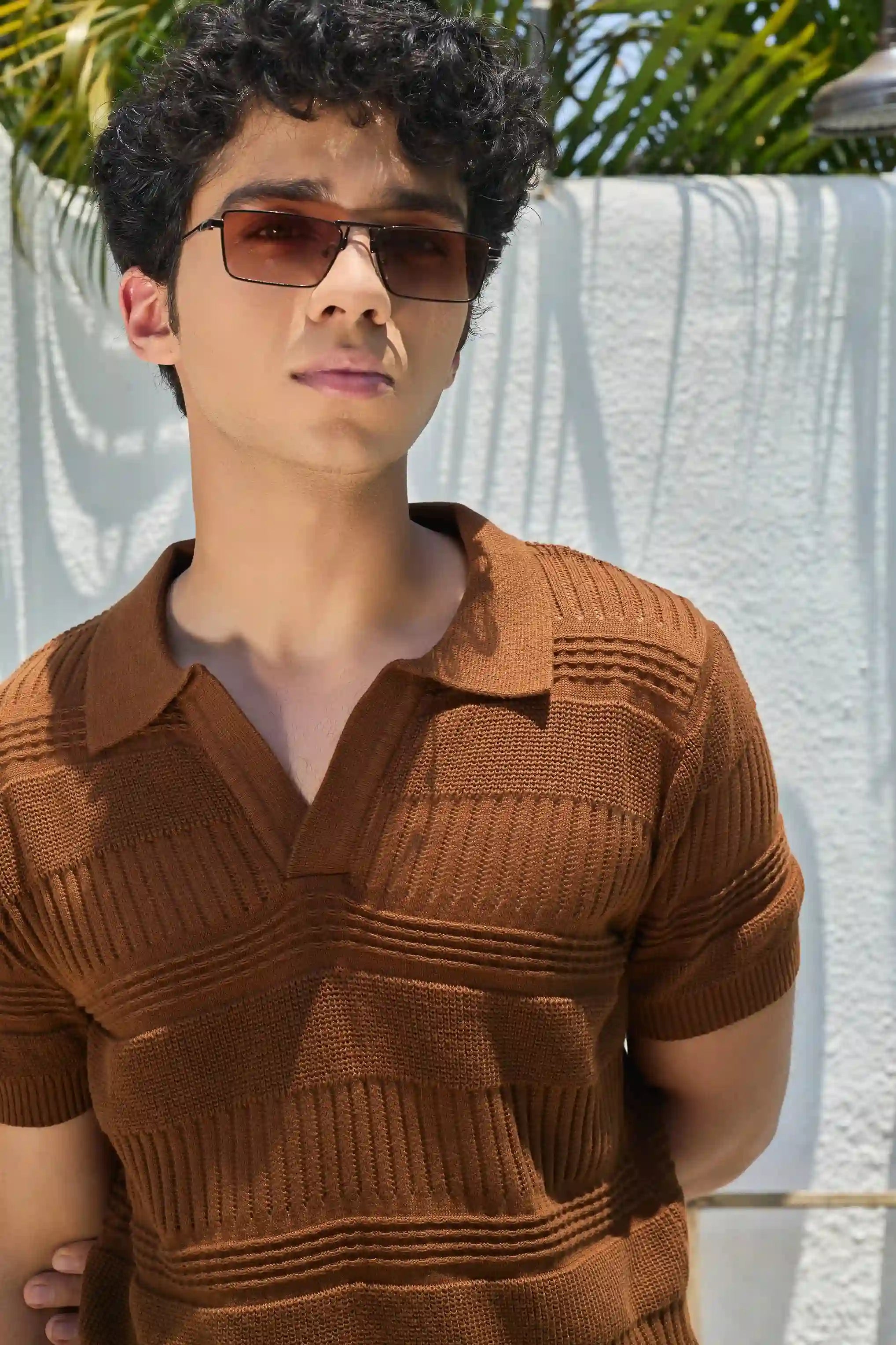 Textured Knit Polo T-Shirt - Brown