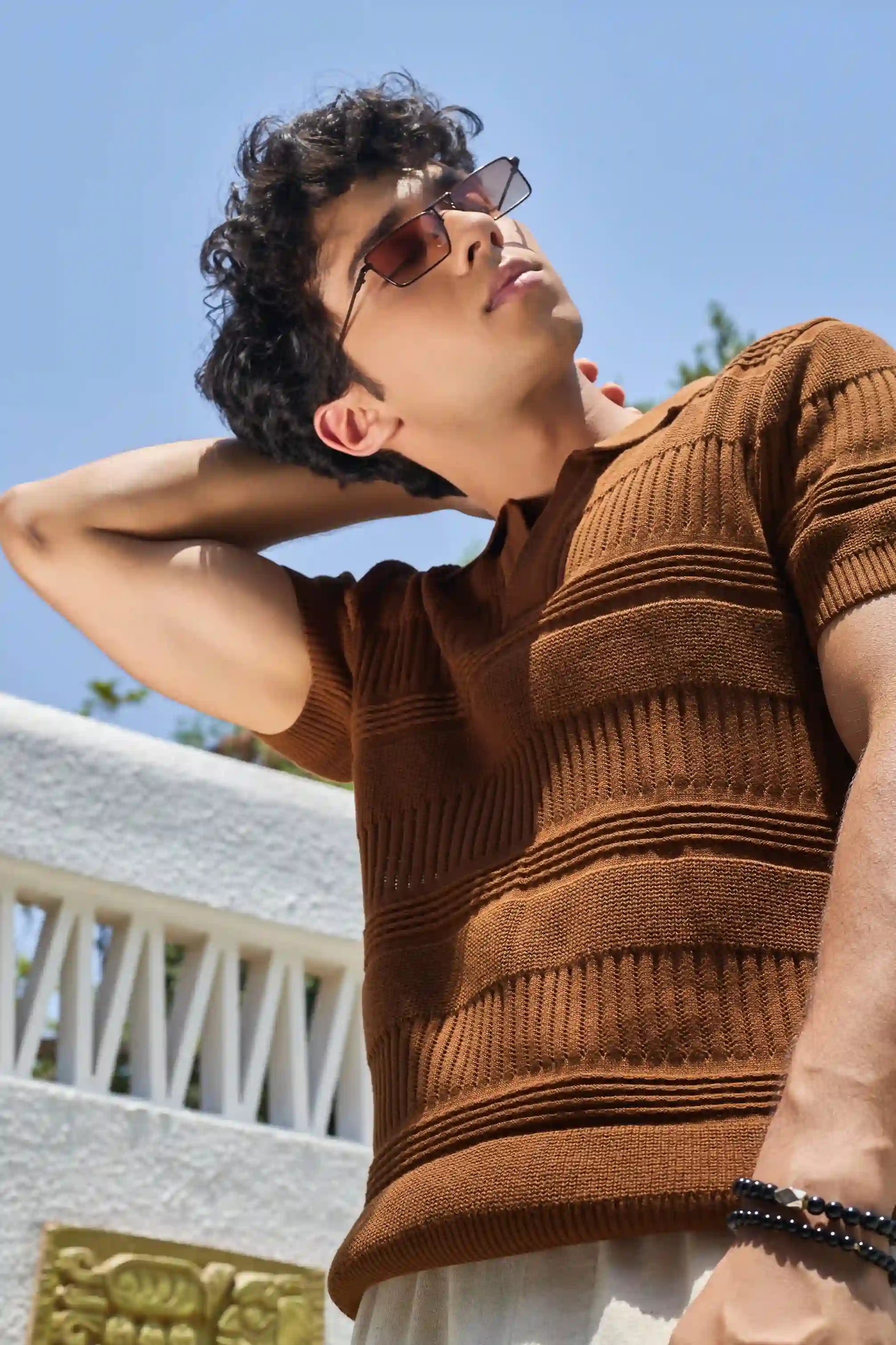Textured Knit Polo T-Shirt - Brown
