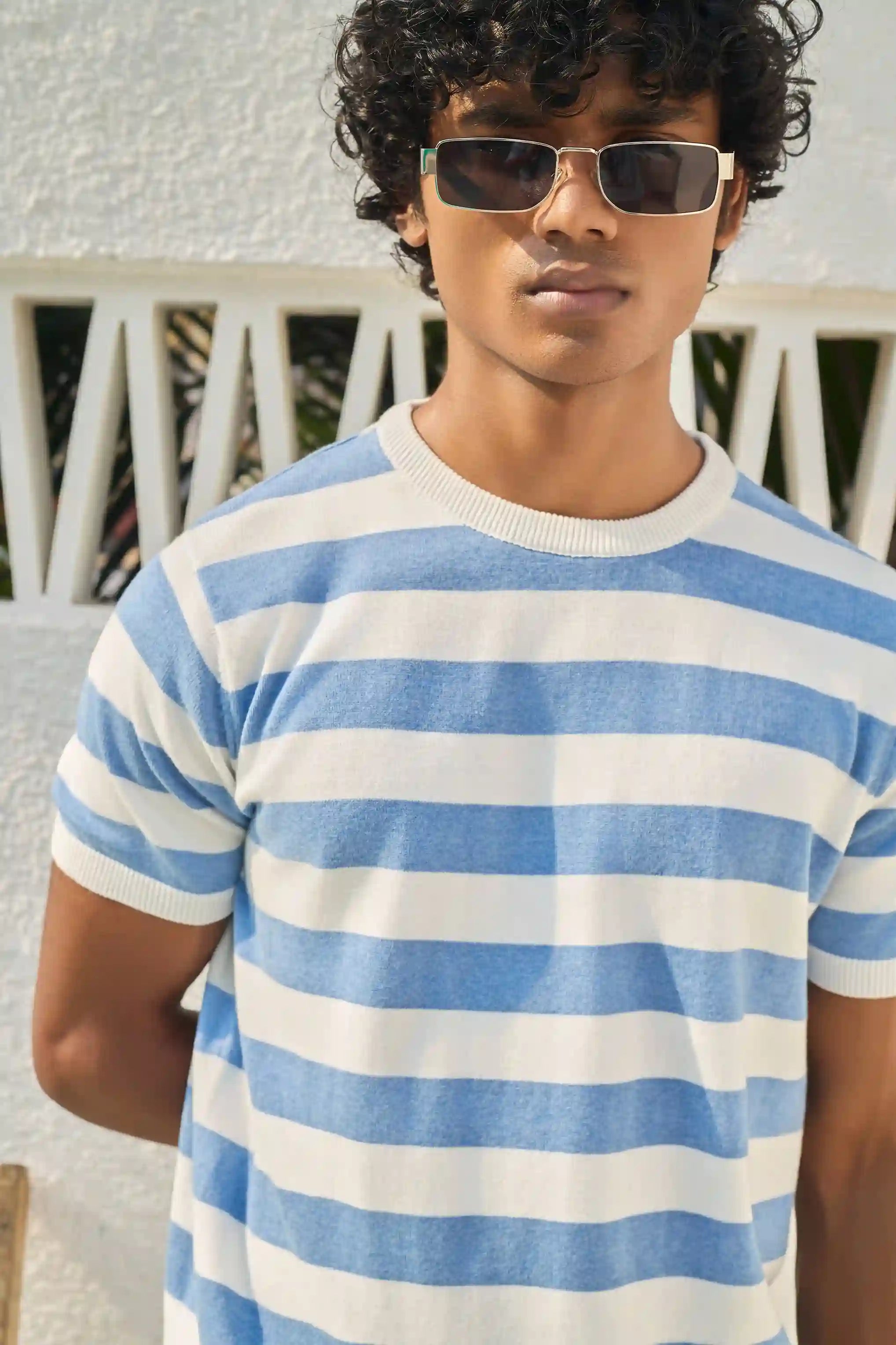 Round Neck Coastal Knit T-Shirt- Blue