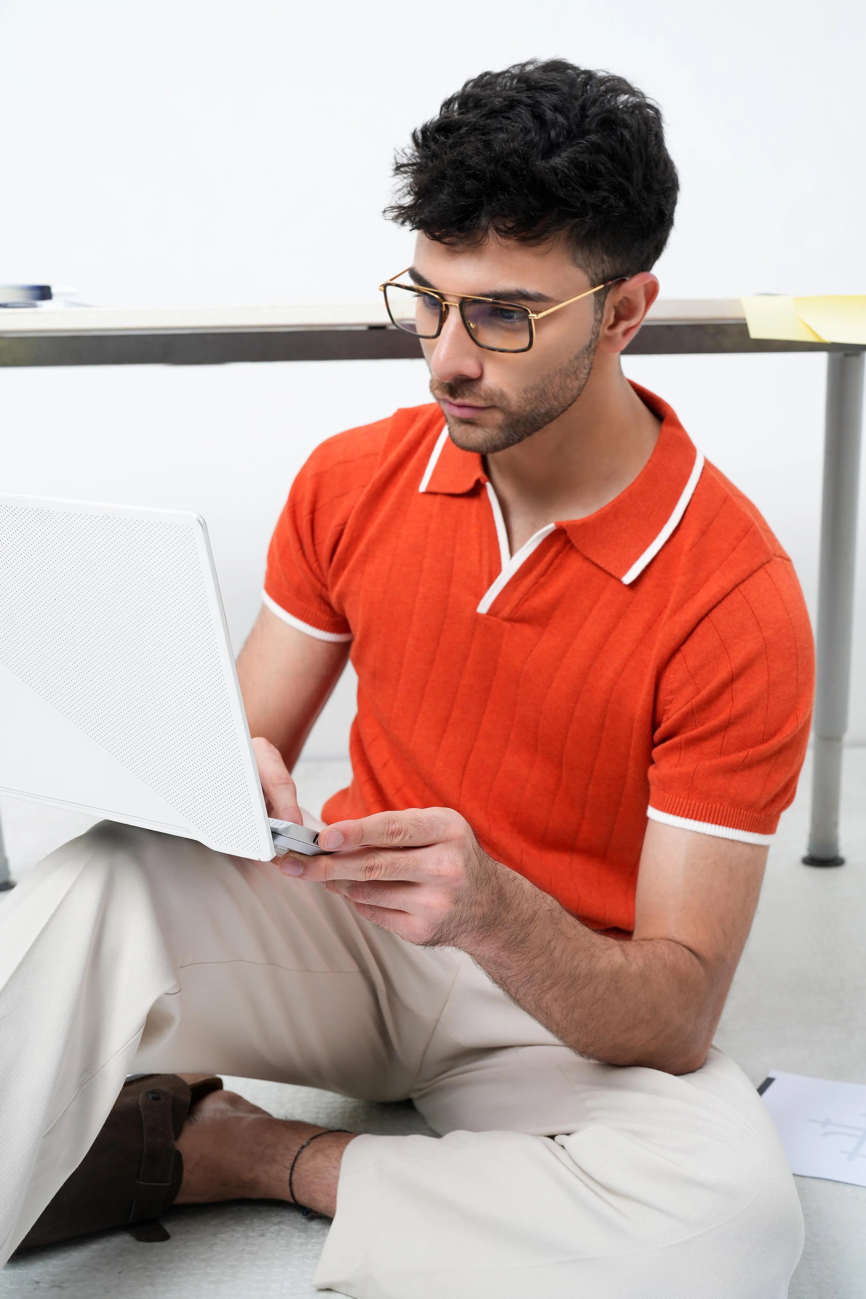 Vertical Rib Knit Polo T-Shirt - Rust Orange