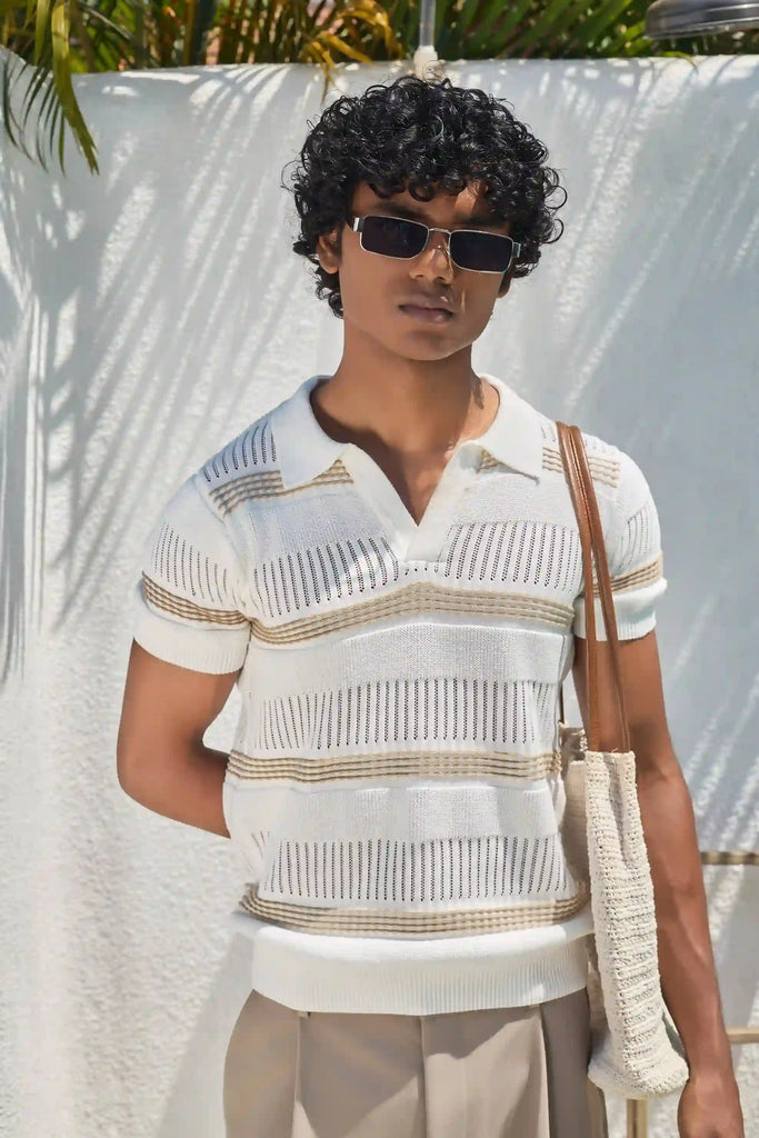 Textured Knit Polo T-Shirt - Off White
