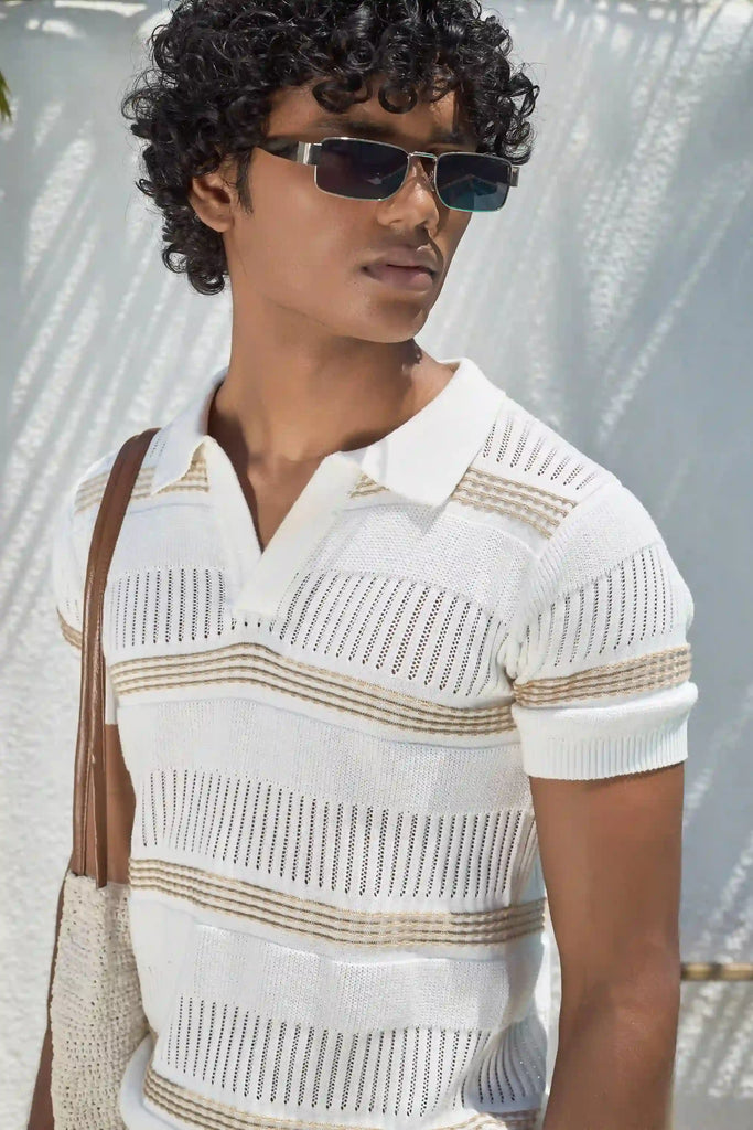 Textured Knit Polo T-Shirt - Off White