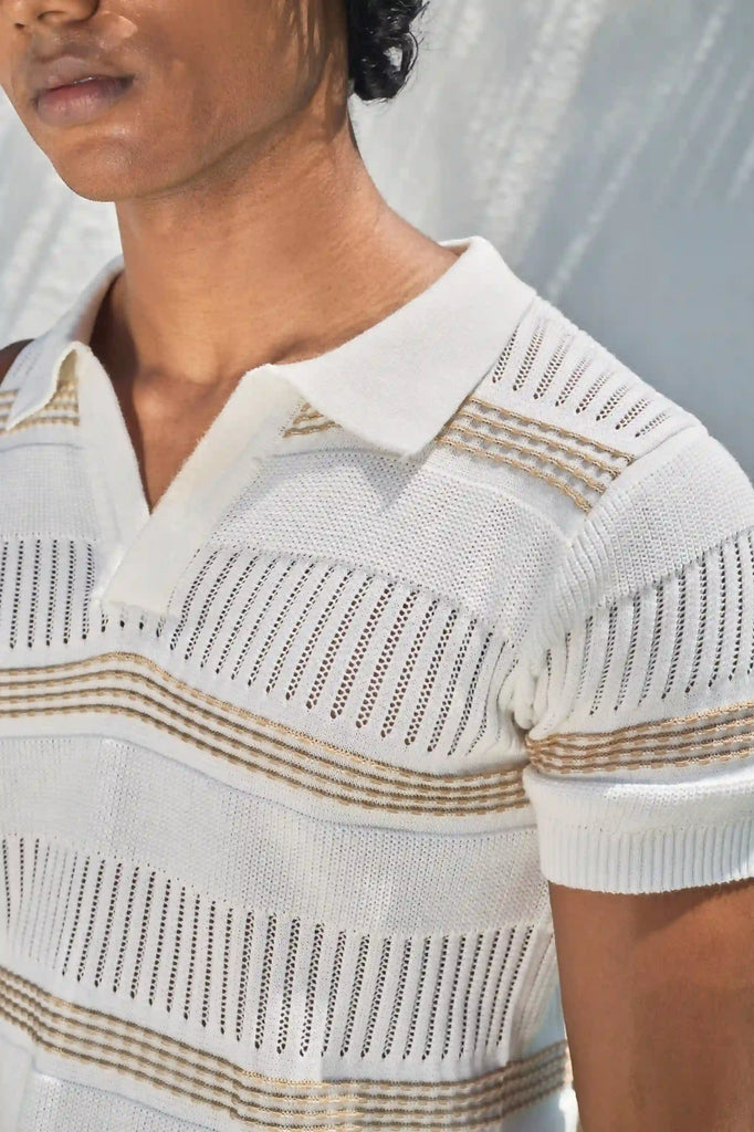 Textured Knit Polo T-Shirt - Off White