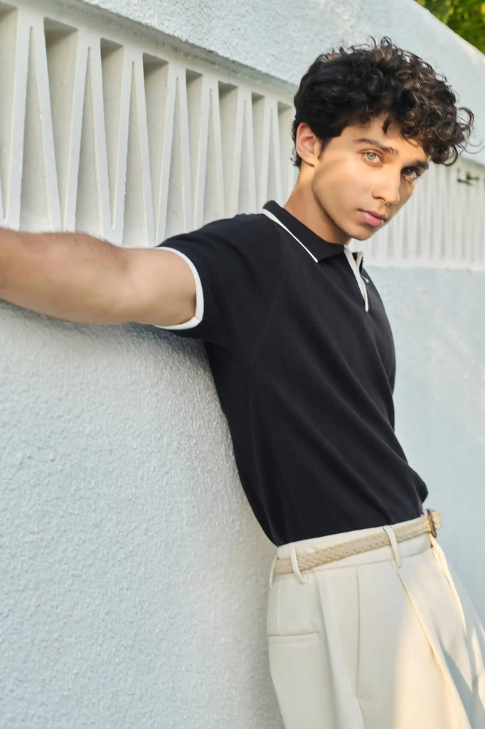 Vertical Rib Knit Polo T-Shirt  - Black
