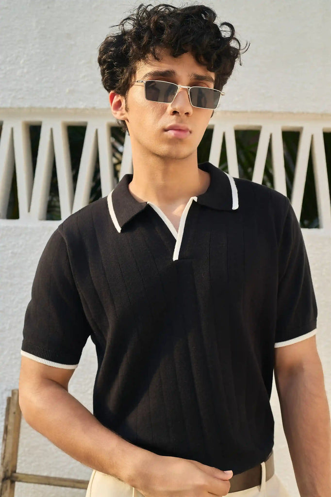 Vertical Rib Knit Polo T-Shirt  - Black