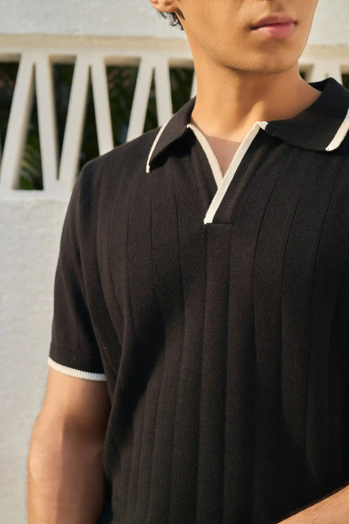 Vertical Rib Knit Polo T-Shirt  - Black