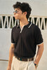 Vertical Rib Knit Polo T-Shirt  - Black