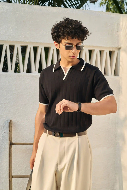 Vertical Rib Knit Polo T-Shirt  - Black