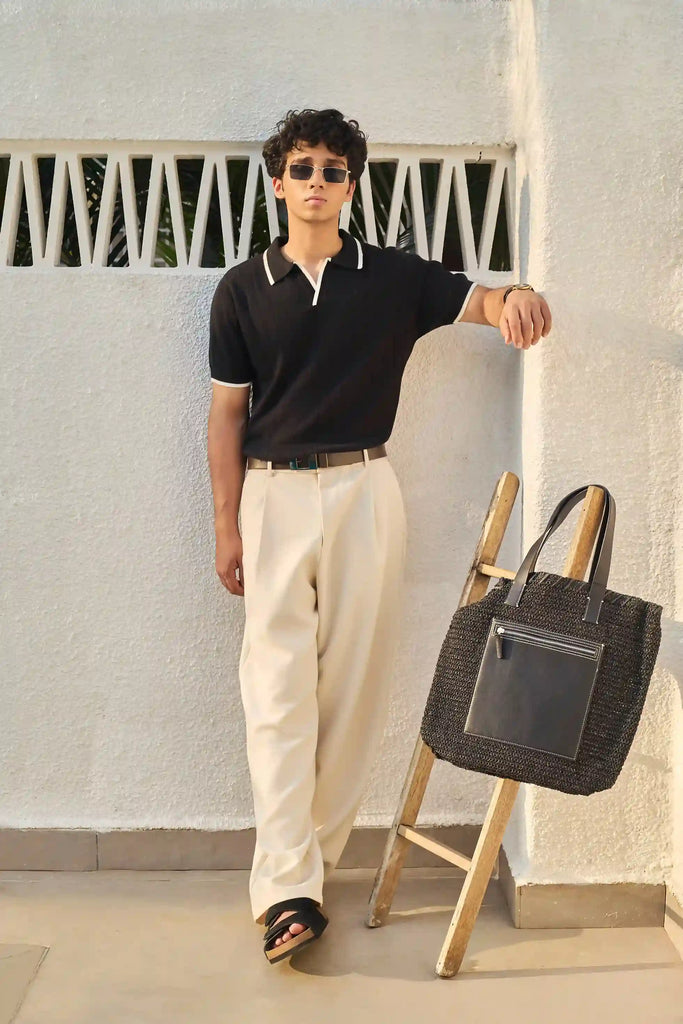 Vertical Rib Knit Polo T-Shirt  - Black
