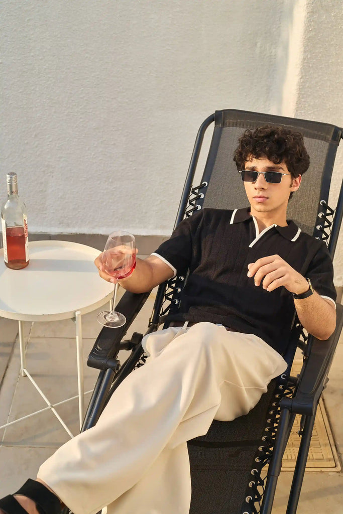 Vertical Rib Knit Polo T-Shirt  - Black