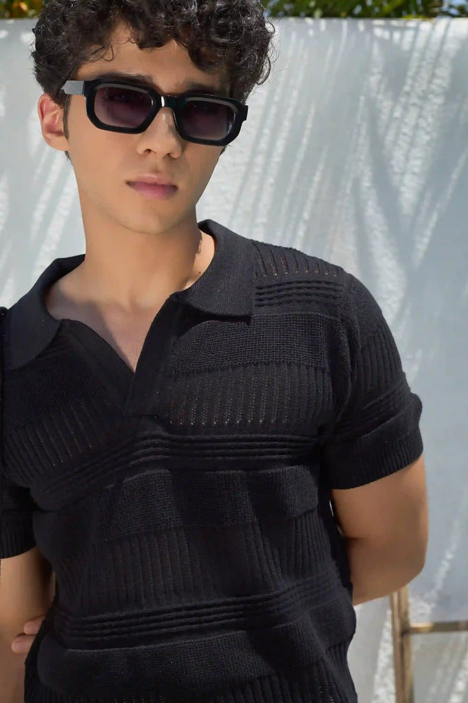 Textured Knit Polo T-Shirt - Black