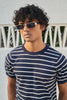 Fine Striped Round Neck Knit T-Shirt - Navy Blue