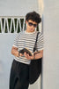 Fine Striped Round Neck Knit T-Shirt - White