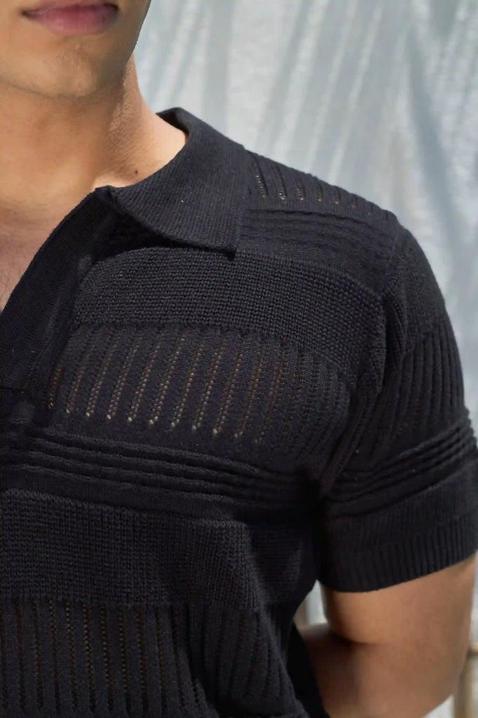 Textured Knit Polo T-Shirt - Black