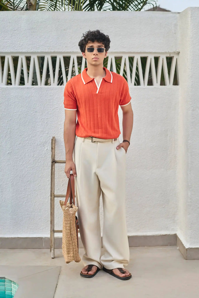 Vertical Rib Knit Polo T-Shirt - Rust Orange