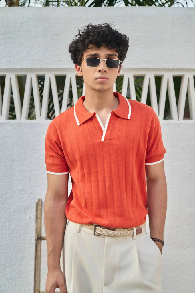 Vertical Rib Knit Polo T-Shirt - Rust Orange