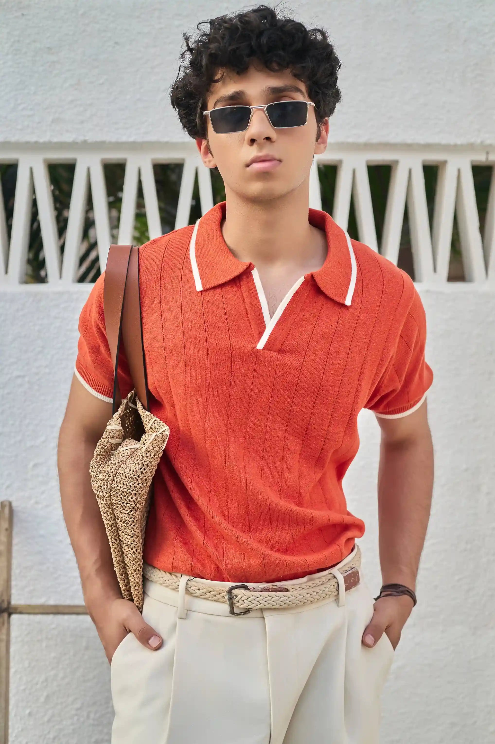 Vertical Rib Knit Polo T-Shirt - Rust Orange