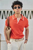Vertical Rib Knit Polo T-Shirt - Rust Orange