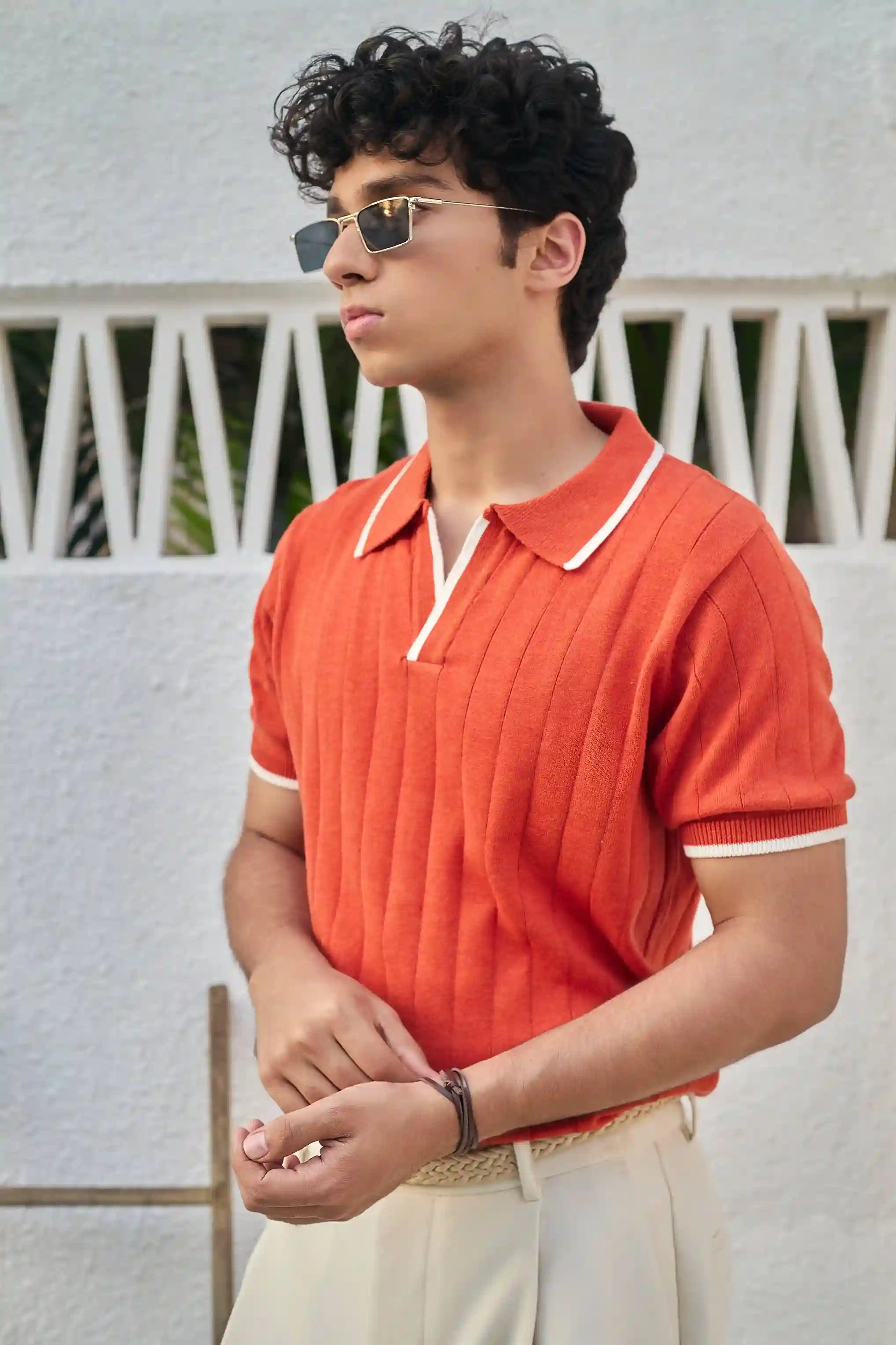 Vertical Rib Knit Polo T-Shirt - Rust Orange