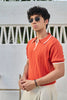 Vertical Rib Knit Polo T-Shirt - Rust Orange