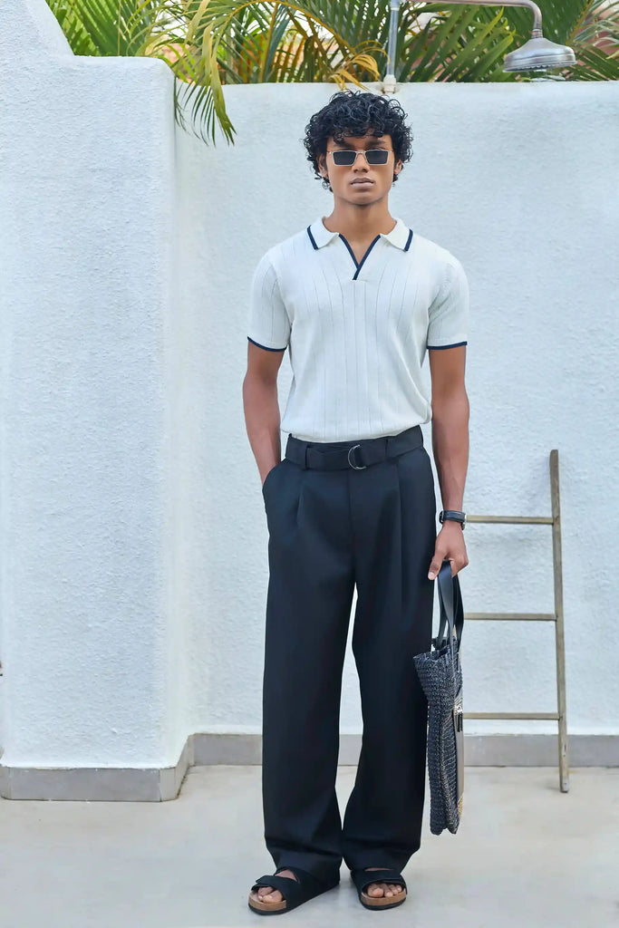 Vertical Rib Knit Polo T-Shirt  - White