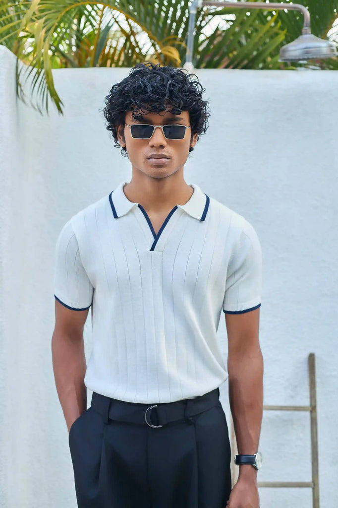 Vertical Rib Knit Polo T-Shirt  - White