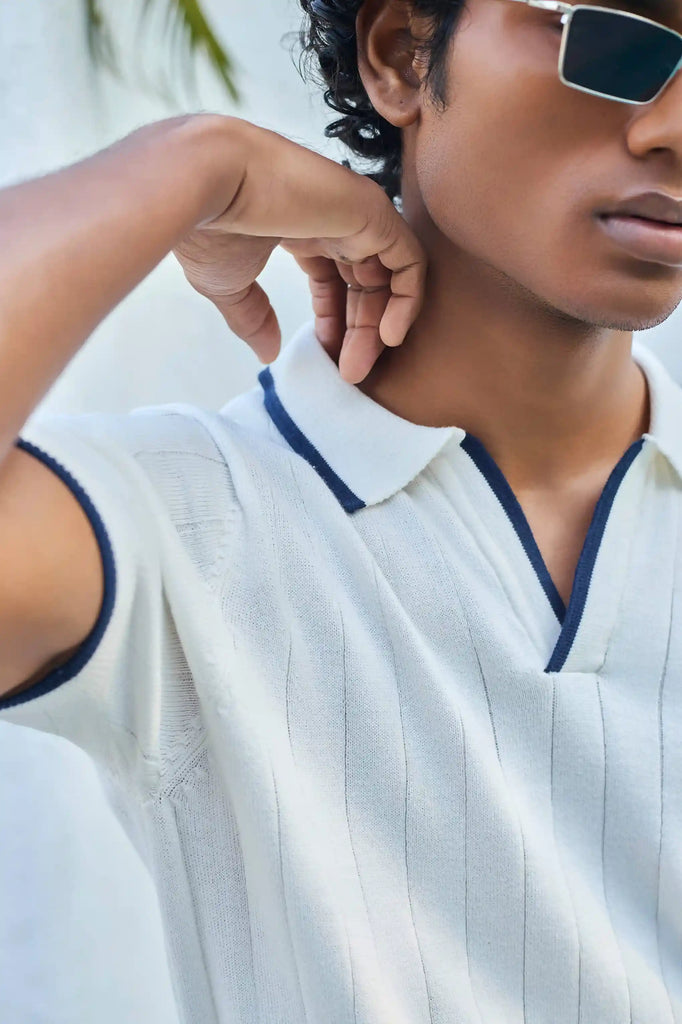 Vertical Rib Knit Polo T-Shirt  - White