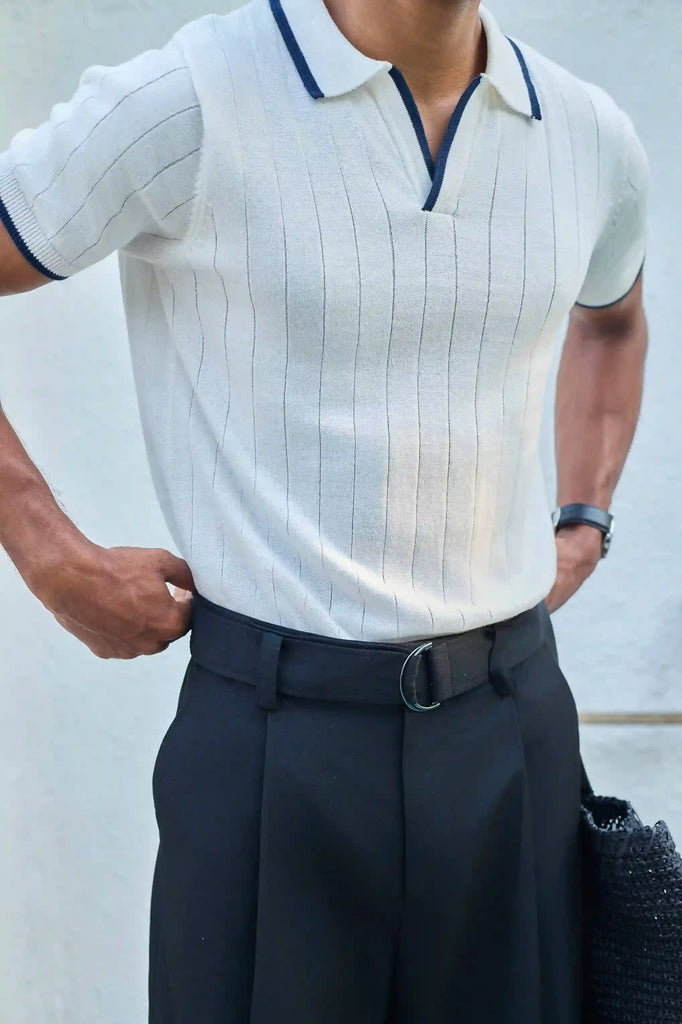 Vertical Rib Knit Polo T-Shirt  - White
