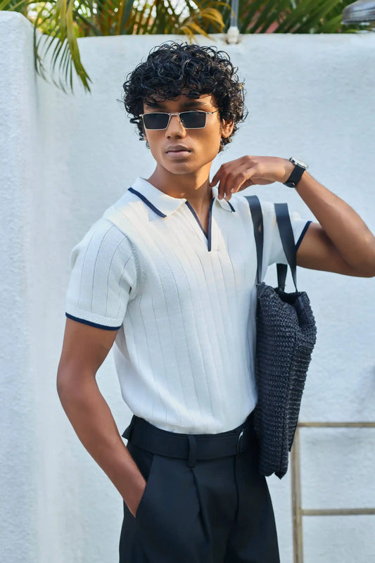 Vertical Rib Knit Polo T-Shirt  - White