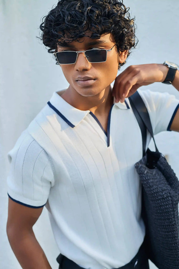 Vertical Rib Knit Polo T-Shirt  - White