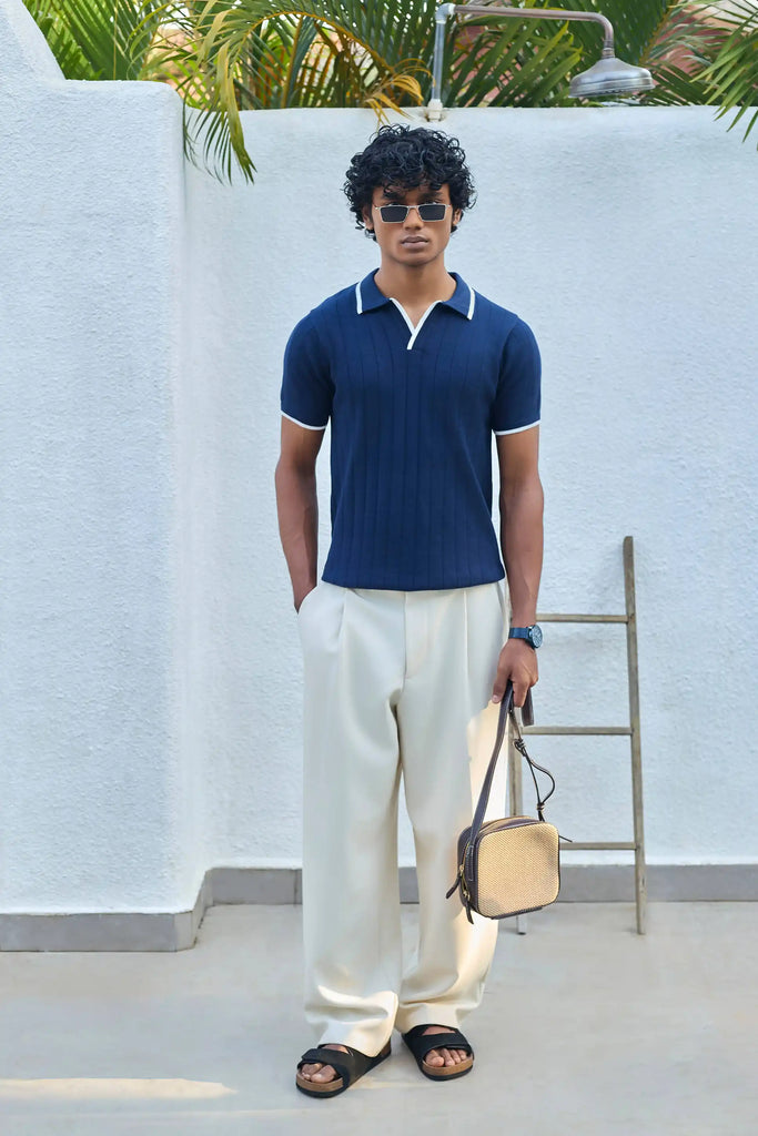Vertical Rib Knit Polo T-Shirt  -  Navy Blue