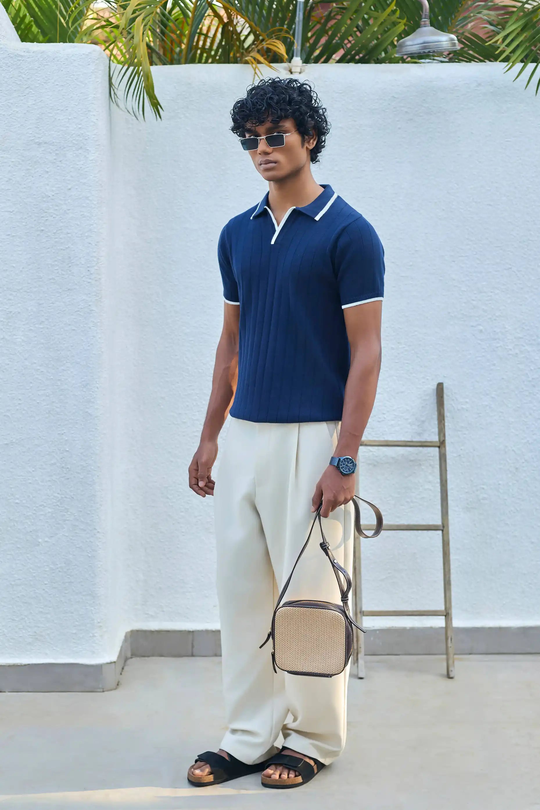 Vertical Rib Knit Polo T-Shirt  -  Navy Blue