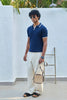 Vertical Rib Knit Polo T-Shirt  -  Navy Blue