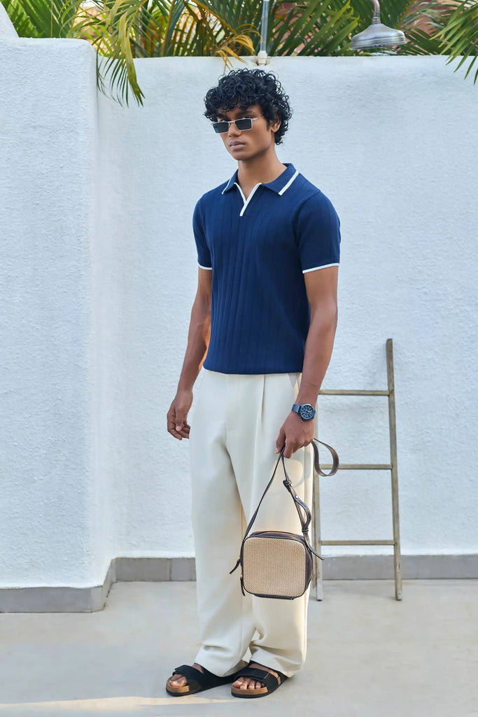 Vertical Rib Knit Polo T-Shirt  -  Navy Blue